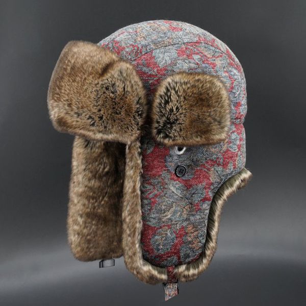 

women bomber hats faux fur russian ushanka floral wool earflap bohemian winter trapper hat, Blue;gray