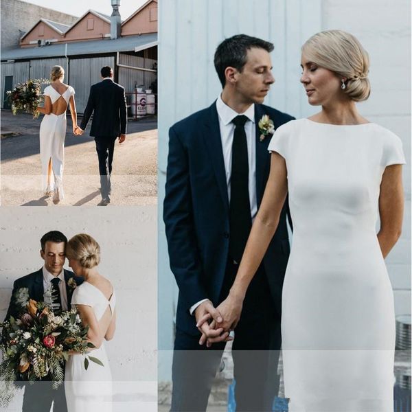 

simple design mermaid bohemian wedding dresses 2019 jewel neck keyhole back full length summer holiday beach trumpet wedding gown, White