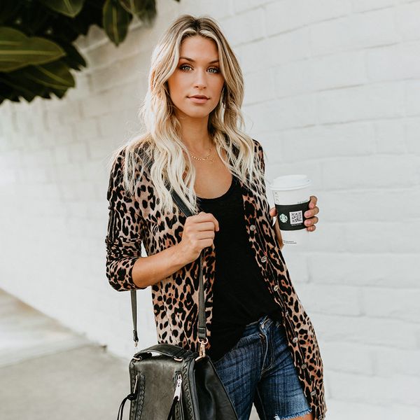

autumn women cardigan coat casual loose printed leopard v-neck long sleeve women coat, Black;brown