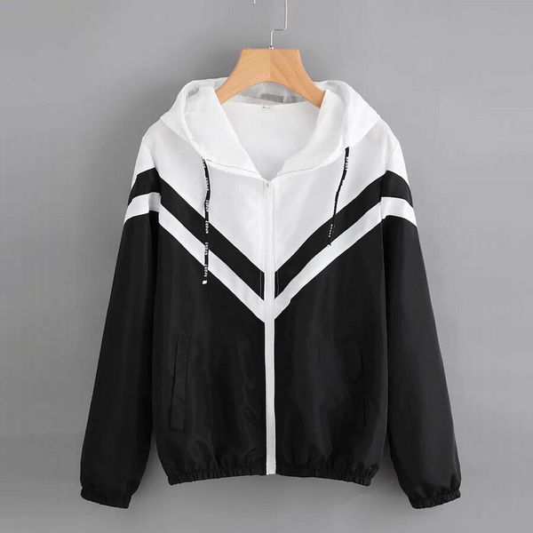 

winter autumn women long sleeve patchwork thin skinsuits hooded zipper pockets sport coat outerwear hooded jackets, Black