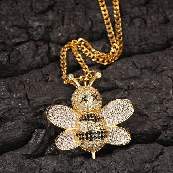 

hip hop micro inlaid zircon bee pendant necklaces iced out crystal rhinestone animal charm necklace stainless steel cuba's chain men je, Silver