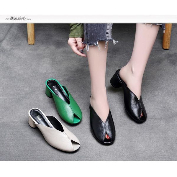 

2020 summer new high chunky heels peep toe mules slippers woman slip on shallow slides female british style young ladies shoes, Black
