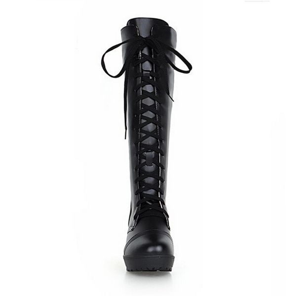 

big size 48 women warm winter boots lace-up square heel boots knee high round toe cosplay slim lady long, Black