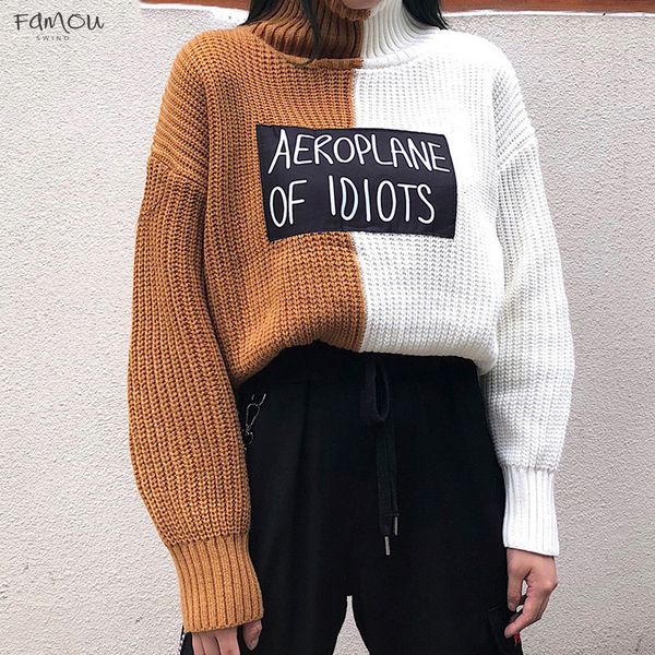 

2019 New Arrival Casual Women Sweaters Korean Letter Print 76119 Sweater Turtleneck Panelled Patchwork Pullover Female