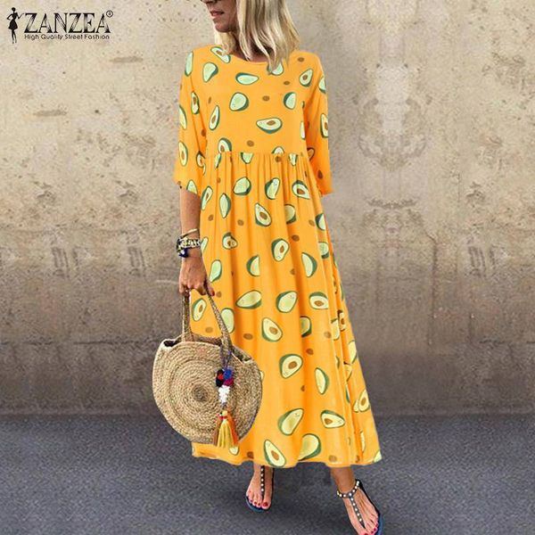 

women's printed sundress zanzea 2019 elegant summer maxi dress casual 3/4 sleeve long vestidos female pleated robe plus size 5xl, Black;gray