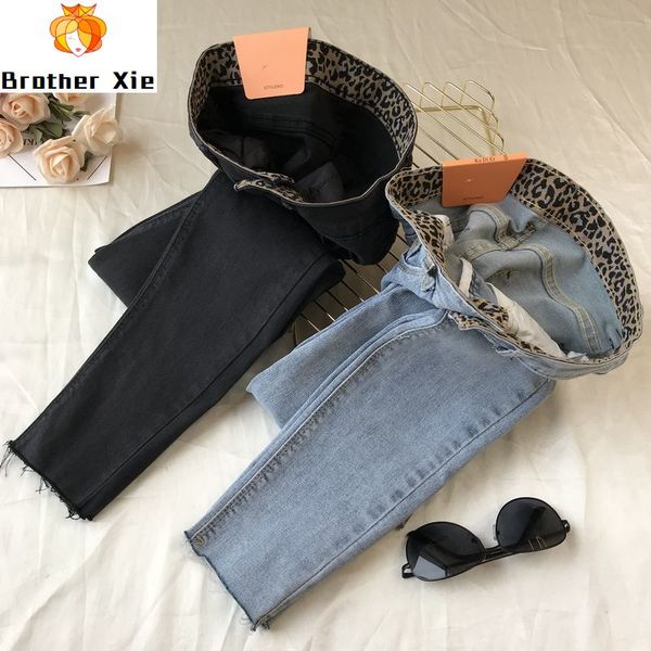 

leopord pattern high waist jeans women fashion ins wind tight slimming skinny pencil pants ladies light blue jean jeans pants