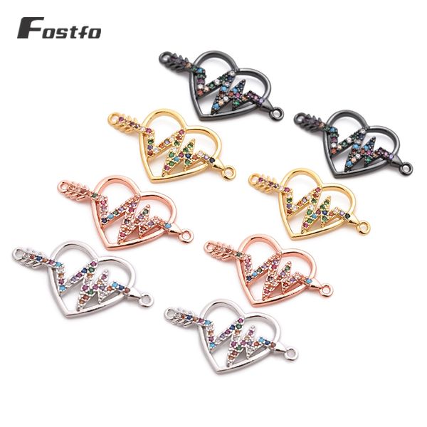 

2pcs/lot cupid arrow heart copper cubic zirconia bracelet/necklace charms electrocardiogram heartbeat pendant jewelry findings, Bronze;silver