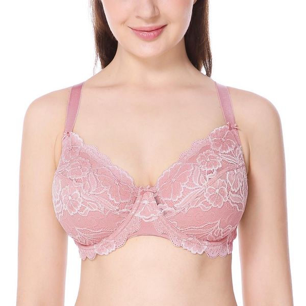 

женские полное покрытие non-foam цветочные кружева плюс размер underwired minimizer бюстгальтер, Red;black