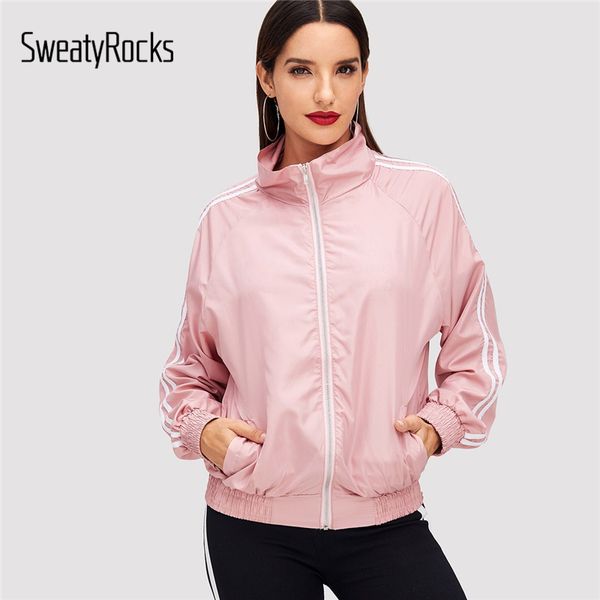 

sweatyrocks pink stripe contrast high neck zip up jacket long sleeve workout coats 2018 autumn active wear women casual jacket, Black;brown