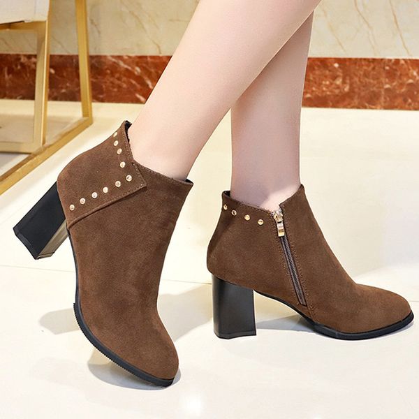 

ankle boots women's leisure solid pointed toe zipper rhinestone crystal square med heel boots shoes zapatos de mujer a35, Black