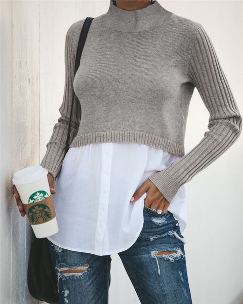 

19 20 autumn winter 2019 splicing long sleeve button women's sweater 101244 wt19, White