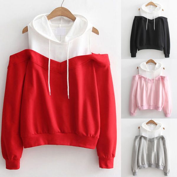 

womens patchwork sweatshirts hoodie cold shoulder long sleeve hooded pullover jumper sweatshirt mujer, Black