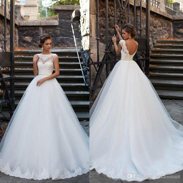 

2020 plus size open back wedding dresses bateau neck lace appliques pearls sash custom made wedding dress vestios de novia, White