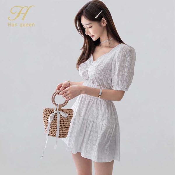 

h han queen women 2020 summer work wear 2 pieces set white v-neck blouses & high waist a-line skirt korean chic sweet sets