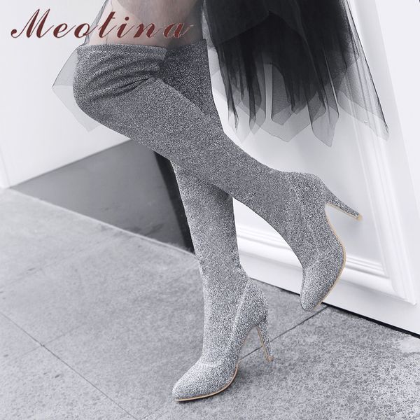 

meotina fall thigh high boots women glitter thin high heel over the knee boots slim stretch long shoes lady winter size 46, Black