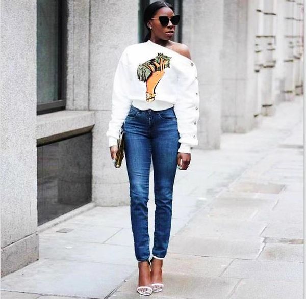 

womens autumn designer tshirts sloping shoulder dollar print long sleeve solid color fashion style female clothing casual apparel, White