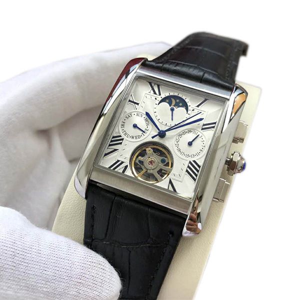 

men watch skeleton automatic mechanical movement watches all dial work luxury mens watches brand leather strap moon phase wristwatches, Slivery;brown