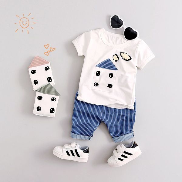 

2019 2pcs baby clothing sets summer short sleeve t-shirts +pants kids boys clothes outfits, White