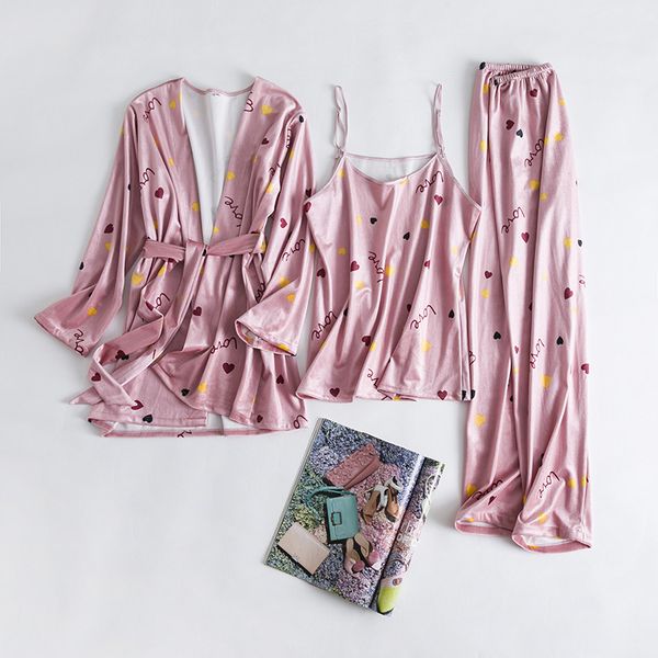 

women long sleeve 3pcs sleepwear lady autumn kimono bath gown lounge pajama pyjama set print home wear nightwear negligee, Blue;gray