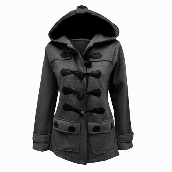 

women casual long sleeve horn button hooded coat sweatshirt jacket with button l1040, Black