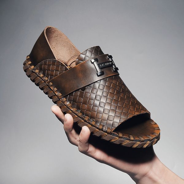 

casoipra classic retro men's sandals leather slippers men summer beach shoes sandalias hombre verano mens flip flops, Black