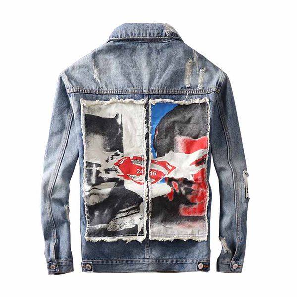 

mcikkny new fashion ripped pleated jeans jackets men's hip hop denim jackets with patchwork streetwear, Black;brown