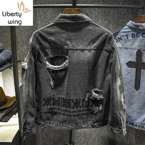 

spring autumn mens slim fit long sleeve short coats korean back embroidery ripped hole streetwear plus size male denim jackets, Black;brown