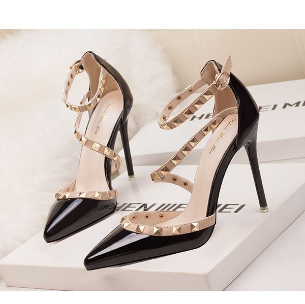 

black women pumps patent leather pointed toe fashion rivets shallow lady wedding shoes stiletto high heels shoes 10cm