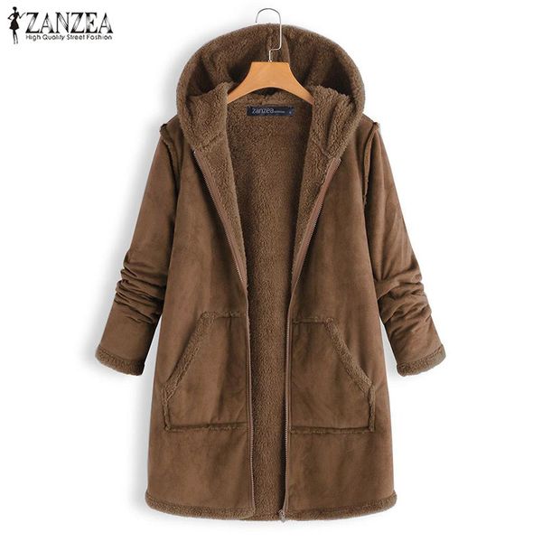 

winter warm women's jackets 2019 zanzea fur lining oversized casual coats hooded long sleeve zipper parkas overcoats s-5xl, Black;brown