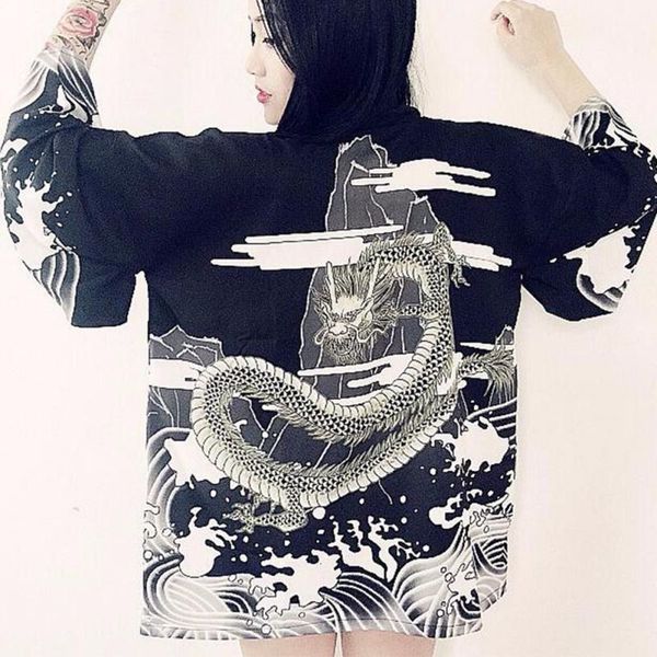

women women blouses harajuku japanese style blouse waves and wind long sleeve dragon shirts japanese kimono print chiffon cardigan, White