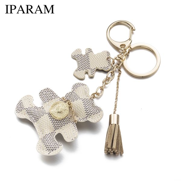 

iparam 2017 new fashionkey chain accessories tassel key ring pu leather bear pattern car keychain jewelry bag charm, Silver