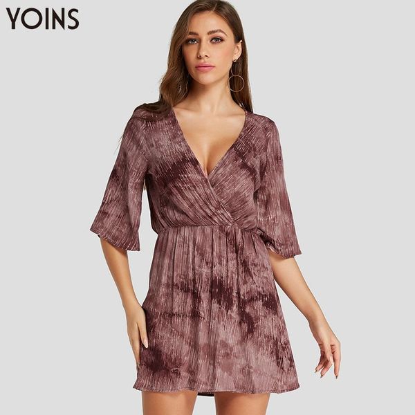 

yoins fashion pleated dress crossed front v-neck half sleeve high waist 2019 stylish wrapped mini dresses sundress vestidos, Black;gray