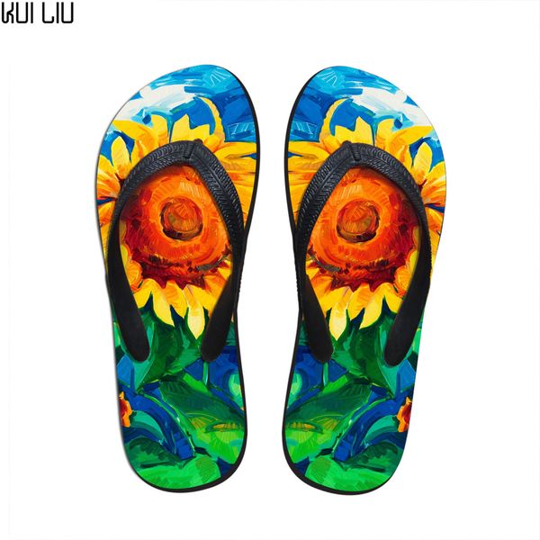 

customized women summer slippers fashion floral painting printed flip flops for woman fenamel beach rubber sandals flat shoes, Black