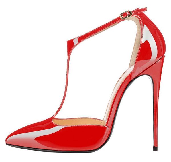 

сексуальные свадебные туфли с т-образным ремешком красная подошва женщины заостренная кожа 12 см шпилька платье на высоком каблуке, Black