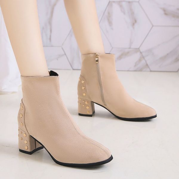 

womens boots 2019 autumn casual ladies shoes martins boots suede leather ankle high heeled rivet chunky shoes for femme, Black
