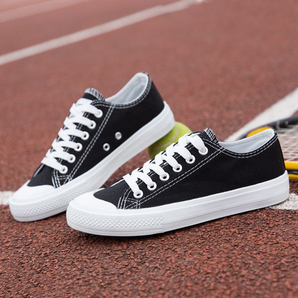 

new canvas shoes women white sneakers lace up casual vulcanized shoes ladies flat for students rubber footwear trainers, Black