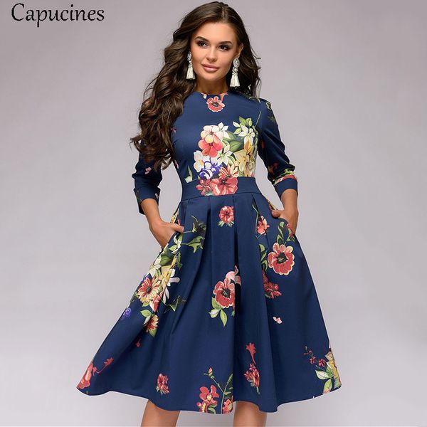 

capucines women's elegent pleated floral printing a-line dress 2019 autumn vintage 3/4 sleeve pockets casual blue party dress, Black;pink