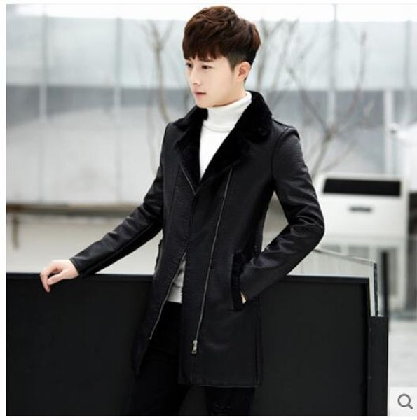 

m-xxxl men's long leather jacket male slim korean motorcycle clothing thick leather jacket plus size, Black