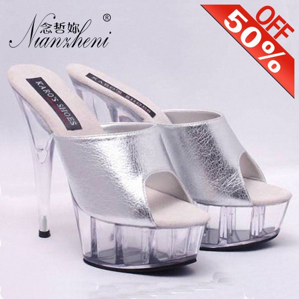 

silver crystal thick platform shallow round toe 15cm womens slippers 6 inches high heeled shoes cross dressing nightclub novelty, Black