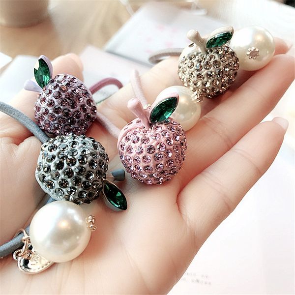 

korea handmade cartoon apple rhinestone women elastic hair bands head wear apparel accessories fall winter-yhawehb011c5