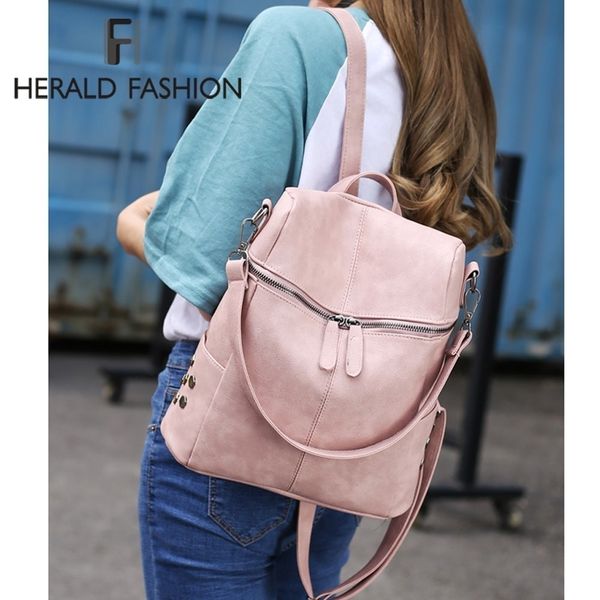 

herald fashion women backpack quality leather school bags for teenager girls large school backpack vintage solid shoulder bags mx190816