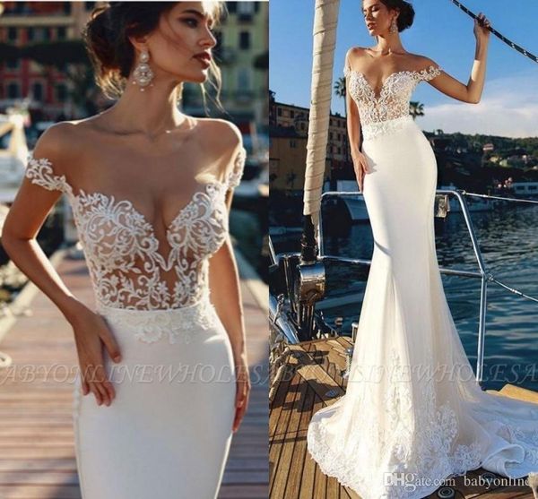 

new a line summer wedding dresses elegant sheer lace off shoulder backless appliques ruched sweep train satin bride wedding gowns, White