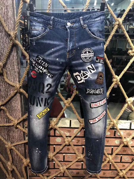 

2019 men's badge ripped stretch black jeans fashion explosion slim cut washed motocycle denim pants paneled hip hop pants, Blue