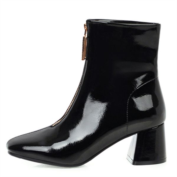 

plus size 48 elegant chic square toe ankle boots women fashion zipper pu leather short warm winter boots black red shoes women
