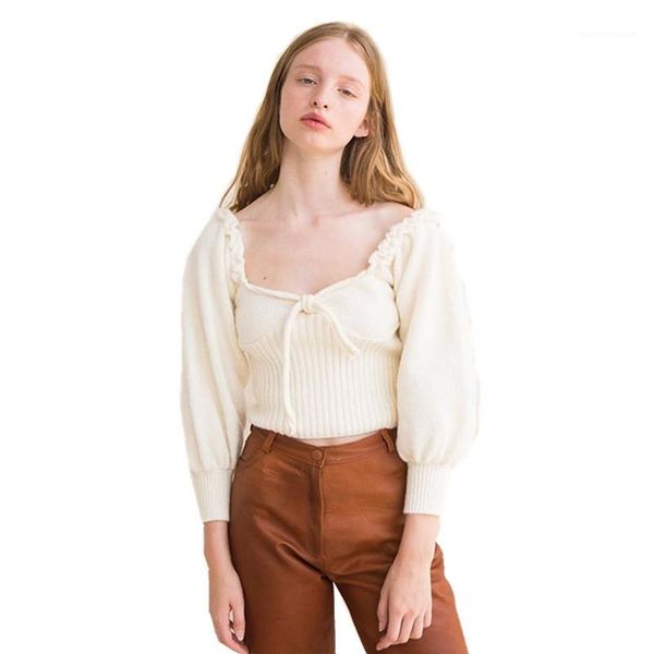 

square collar sweater lace up bowknot low cut lantern sleeve short sweater famale designer clothing womens retro, White