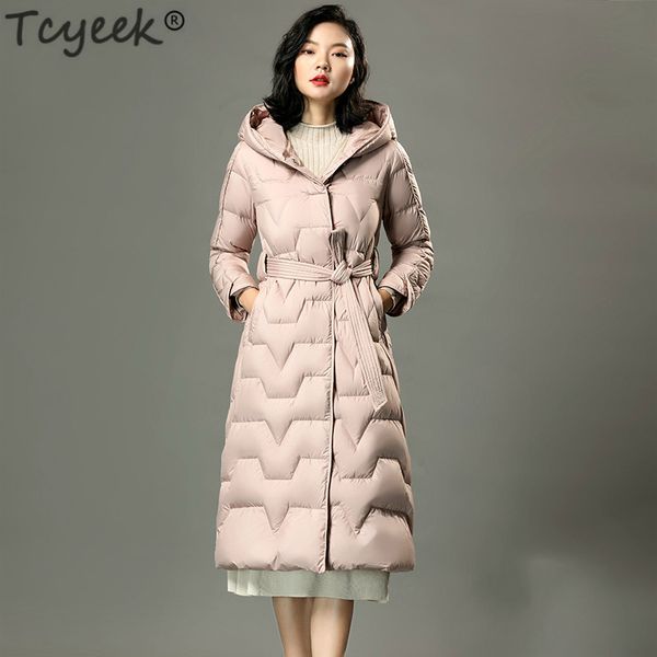 

tcyeek women down coats jackets warm woman down parka long hooded ultra light coat female winter korean slim jacket lwl1254, Black