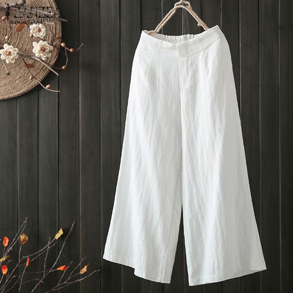 

women 2019 pants vintage wide leg autumn elastic waist loose pantalon linen trousers pants solid work ol cotton plus size, Black;white