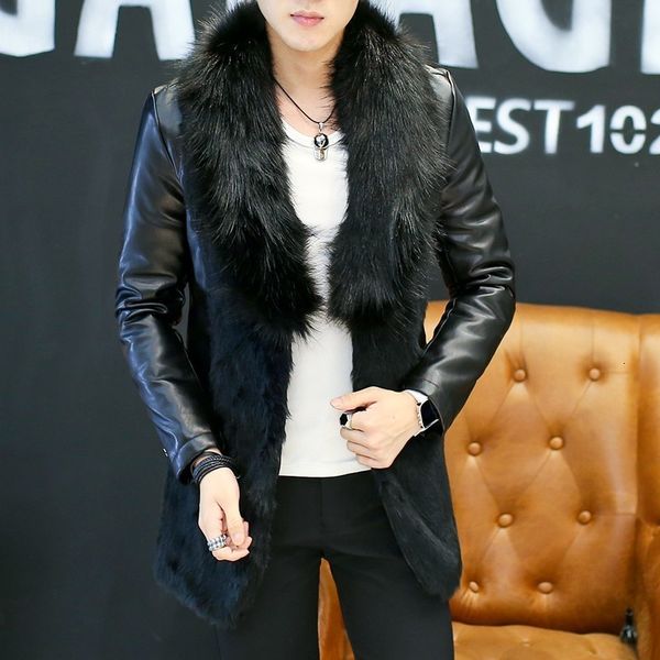 

winter new mens faux fur patchwork pu leather overcoats thick warm big fur collar male fashion medium length jackets plus size, Black