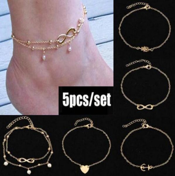 

europe and america popular foot ornaments new style set combination pearl heart multi--anklet, Red;blue