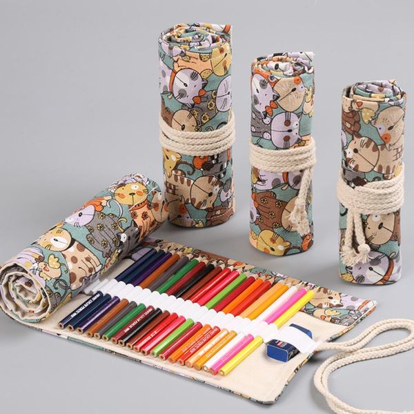

cute cartoon cats school pencil case canvas penalty 36/48/72 holes roll pencilcase large pen pencil bag office supplies